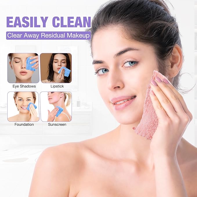 JOHOKAKITI 28 Pack Makeup Remover Cloths, Super Soft Premium Coral Velvet Facial Cleansing Towels 7x7 Inch, Highly Absorbent Microfiber Reusable Washcloths for Face, Eye, Lips