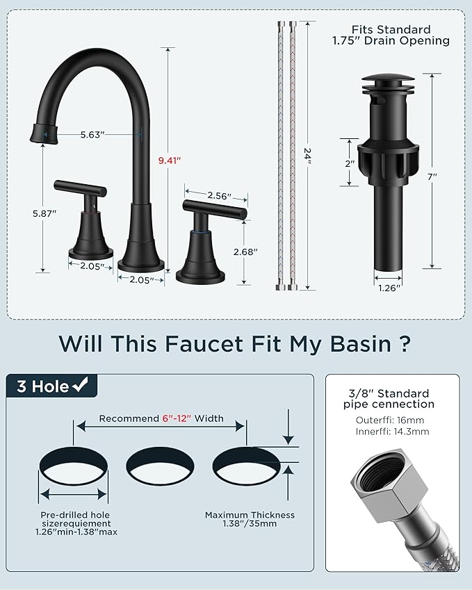 FORIOUS Matte Black Bathroom Faucet 3 Holes Vanity, 2 Handle 360° Swivel 8 In Widespread Black Bathroom Sink Faucet 3 Hole, with 360 Degree Rotating Spout, Pop-up Drain, Supply Lines, 2 Pack
