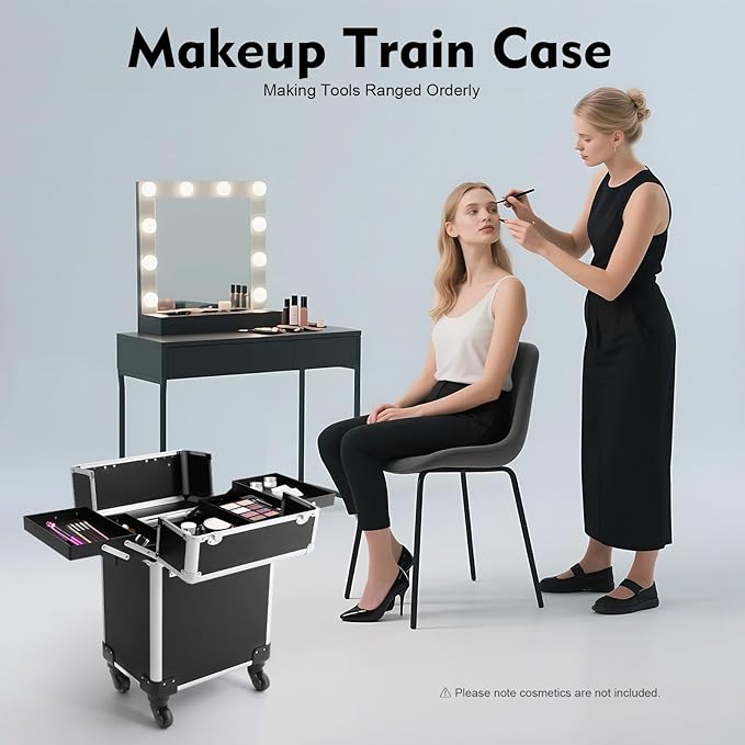 SuiYuLn 13.23lbs Lockable Makeup Train Case,Rolling Hairdressing Trolley,Beauty Salon Cosmetic Luggage with Universal Wheels for Hair Stylist,Make-up Artists (Black 7)