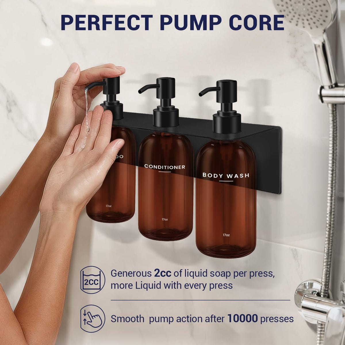 Shampoo Conditioner Body Wash Dispenser Bonus Soap Dish and Hook, Amber