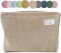 HAPPYHEIDI Creamy Light Khaki Corduroy Makeup Bag Cosmetic Toiletry Travel Pouch, Make Up Accessory Purse Organizer, Canvas Lined