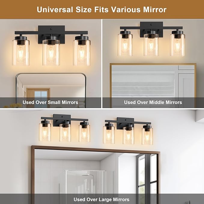 IZORRO Modern Bathroom Light Fixtures, 3 Light Black Vanity Lights, Bathroom Lighting Fixtures Over Mirror with Clear Glass for Living Room Cabinet Bedroom