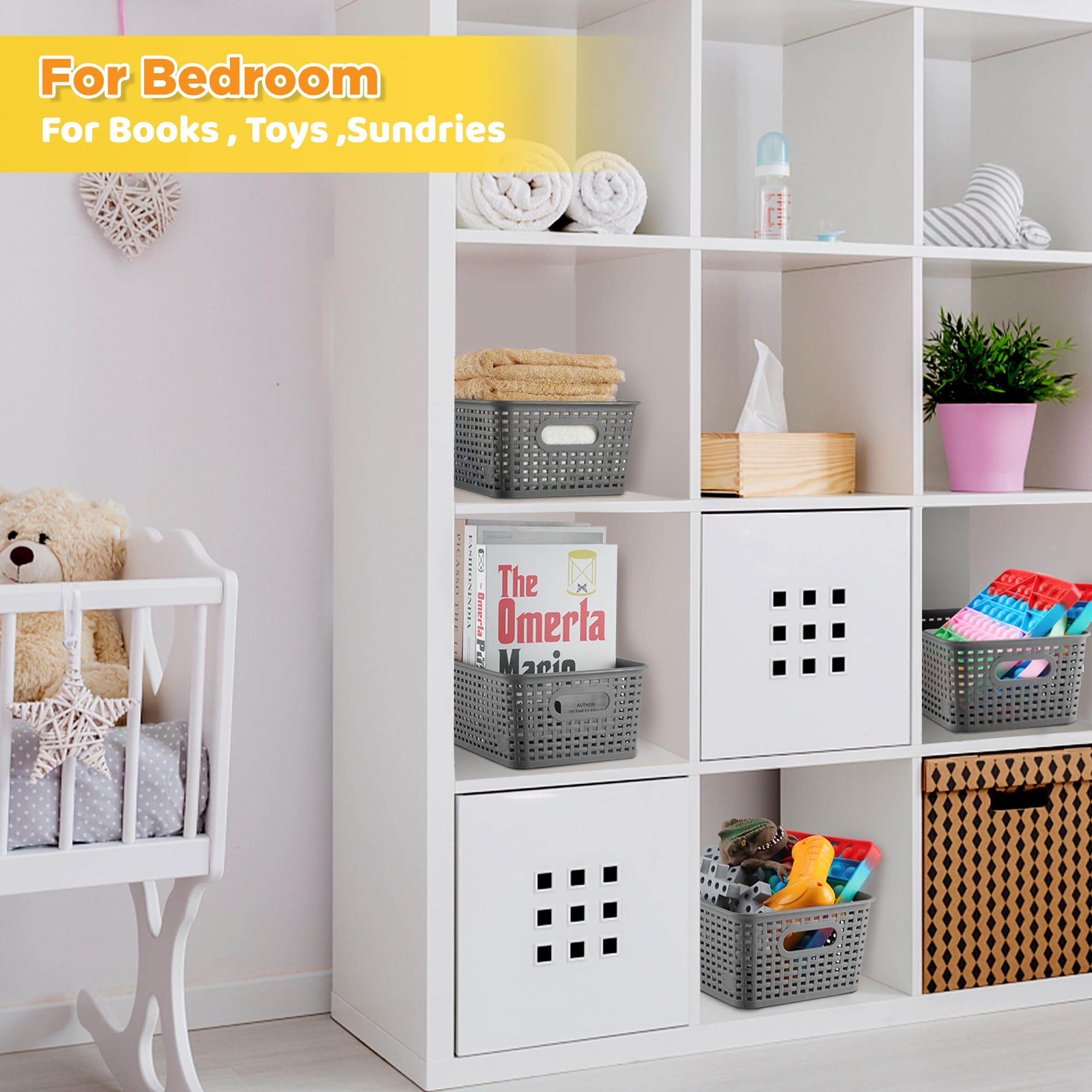 AREYZIN Plastic Storage Baskets Bins With Lid Organizing Container Lidded Knit Storage Organizer Bins for Shelves Drawers Desktop Closet Playroom Classroom Office, 6 Pack