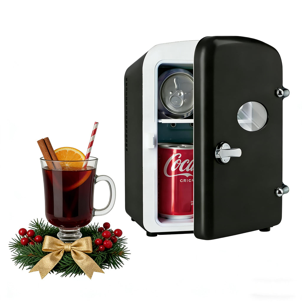 HealSmart 4L Mini Fridge with Observation Window, 6 Can Capacity, Freon-Free and Portable Cooler and Warmer, Cosmetics/Food/Beverage, Black New