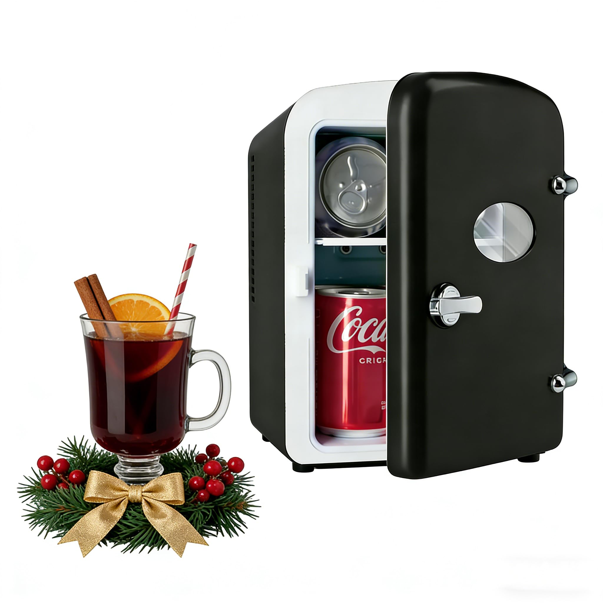 HealSmart 4L Mini Fridge with Observation Window, 6 Can Capacity, Freon-Free and Portable Cooler and Warmer, Cosmetics/Food/Beverage, Black New