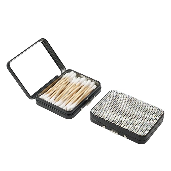 LIGHUFEIC Bling Cotton Swab Holder for Travel,2PCS Portable Floss Pick Holder Case with Mirror,Storage Box for Cotton Swabs, Dental Floss, Hair Ties, and Small Essentials(Black)