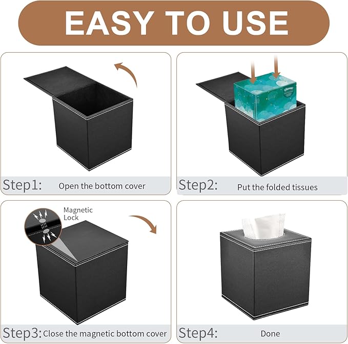 Tissue Box Cover, PU Leather Tissue Box Holder Square Box Covers for Home/Office/Car Decoration 5.3"X5.3"X5.8" - Black