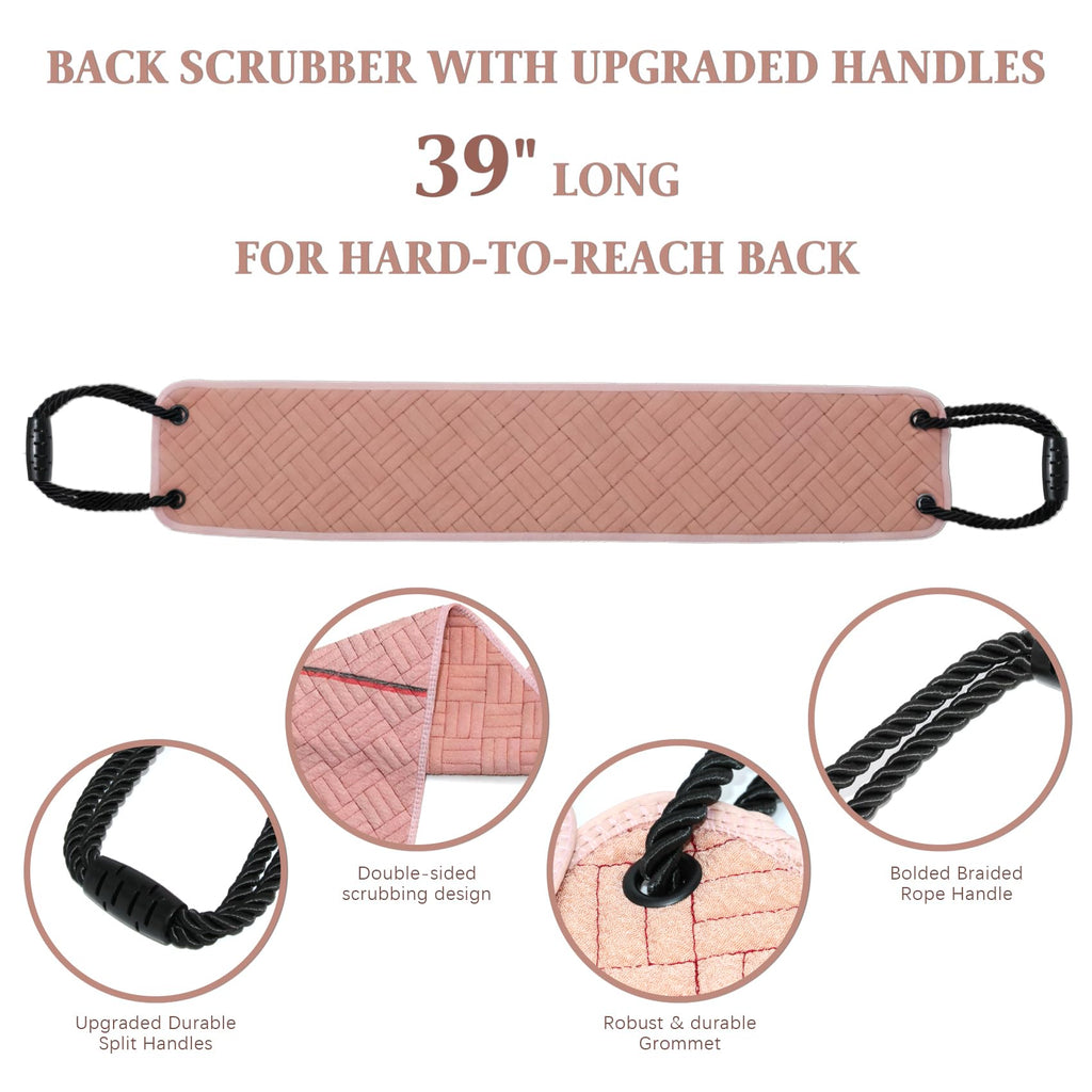 Back Scrubber with Upgraded Handles - 39 Inch Double-Sided Body Exfoliator for Shower/Bath, Deep Cleansing Back Washer for Hard-to-Reach Areas, Unisex (Men & Women) (Pink)