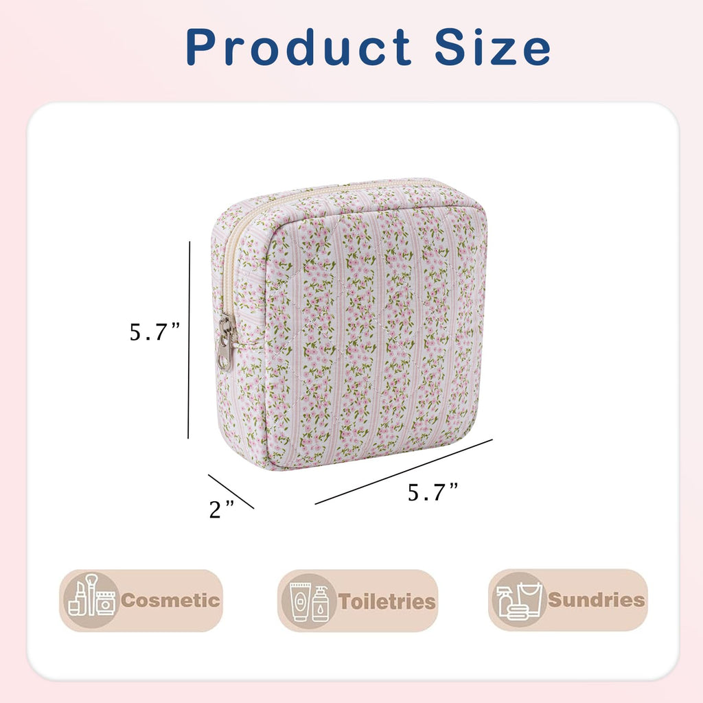 Small Quilted Cotton Makeup Bag for Purse, Cosmetic Bag with Compartments, Cotton Aesthetic Makeup Bag, Travel Toiletry Pouch, Lipstick Bag Card Holder Data Cable Organizer (16Striated Flower)
