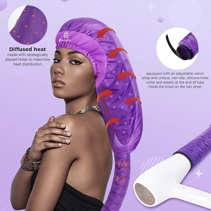 Bonnet Hair Dryer Attachment - Bonnet Hood Dryer with Headband That Reduces Heat Around Ears and Neck, Use for Hair Styling, Hair Drying, Curling and Deep Conditioning (Purple)