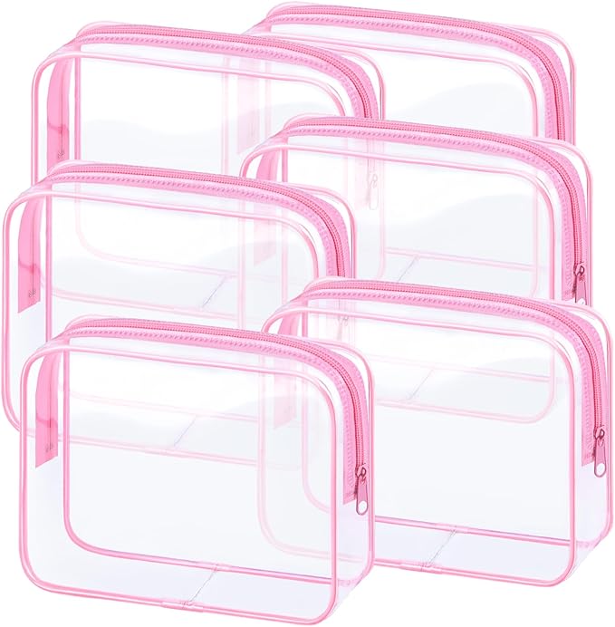 CHICAUP 6 Pieces Clear Makeup Bags Bulk TSA Approved Toiletry Bag for Travel PVC Waterproof Clear Cosmetic Pouch with Zipper for Men and Women Carry-on Travel Essentials (Pink)
