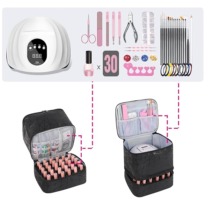 AGX Bravo Nail Polish Storage Organizer Double Layer Gel Nail Polish Bag for Nail Dryer UV Light Carrying Case Holds 30 Bottles Travel Portable Compartment Case for Manicure Supplies, Black (BAG ONLY)