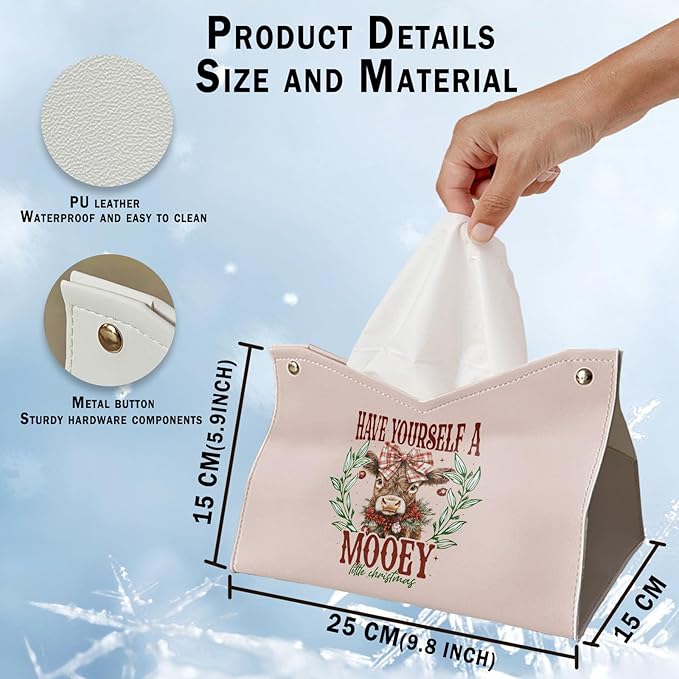 Christmas Highland Cows Tissue Box Cover Rectangle, Winter Bows PU Tissue Holders Decorative for Farmhouse Kitchen, Holiday Lodge Christmas Decor Highland Cow Gifts for Women Girls 9.8x5.9x5.9