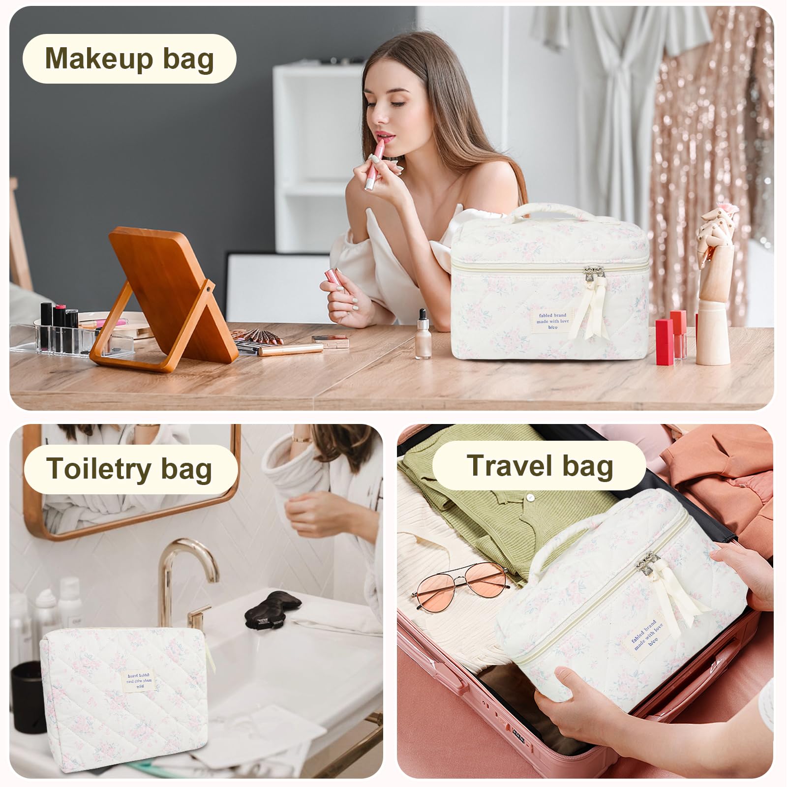 GISMTR 3Pcs Cotton Quilted Makeup Bag Large Travel Cosmetic Bag Coquette Makeup Pouch Cute Aesthetic Floral Toiletry Bag for Women Girls (flower-S)