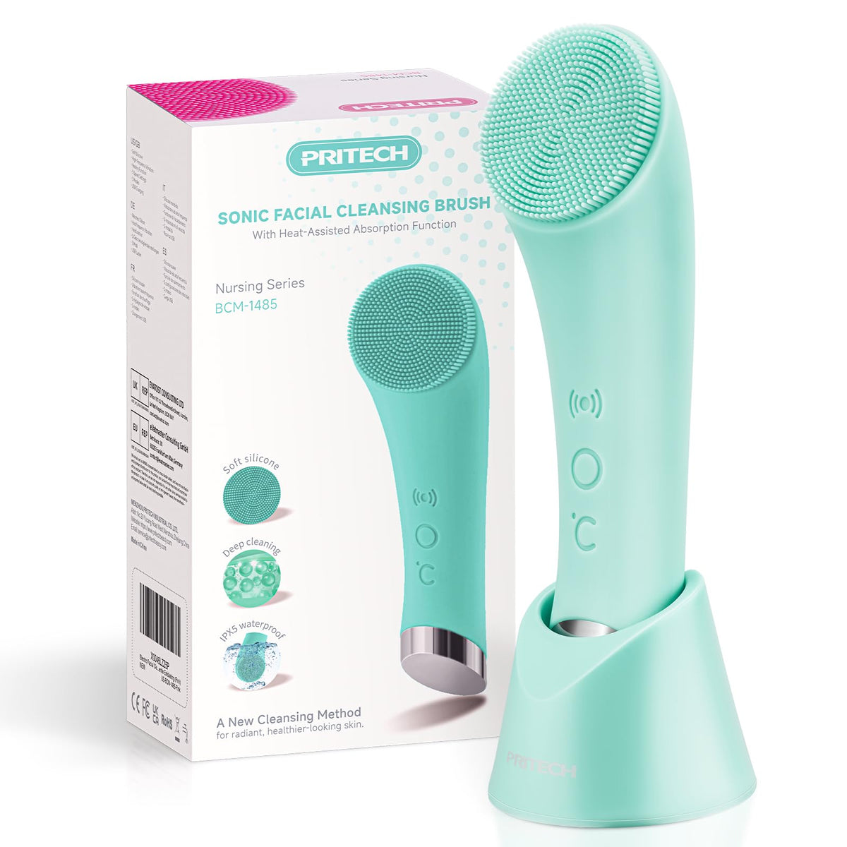 PRITECH Facial Cleansing Brush, Rechargeable Silicone Face Scrubber with Heat Massage End, Vibrating Exfoliator Scrubber for Deep Cleaning, Waterproof Face Brush for Women and Men (Black)