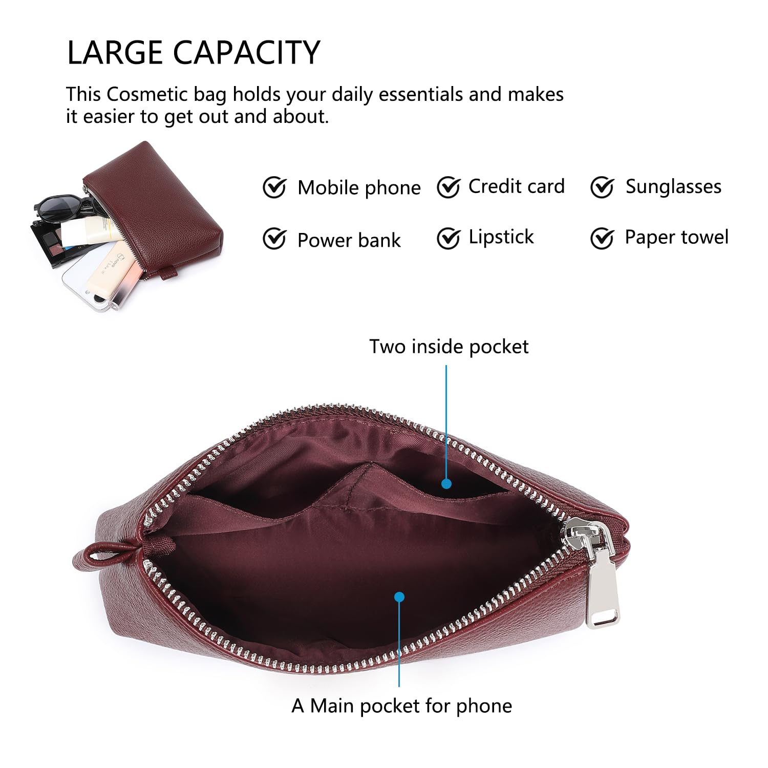 YONBEN Small Makeup Bag for Purse, Leather Cosmetic (Caramel Color)