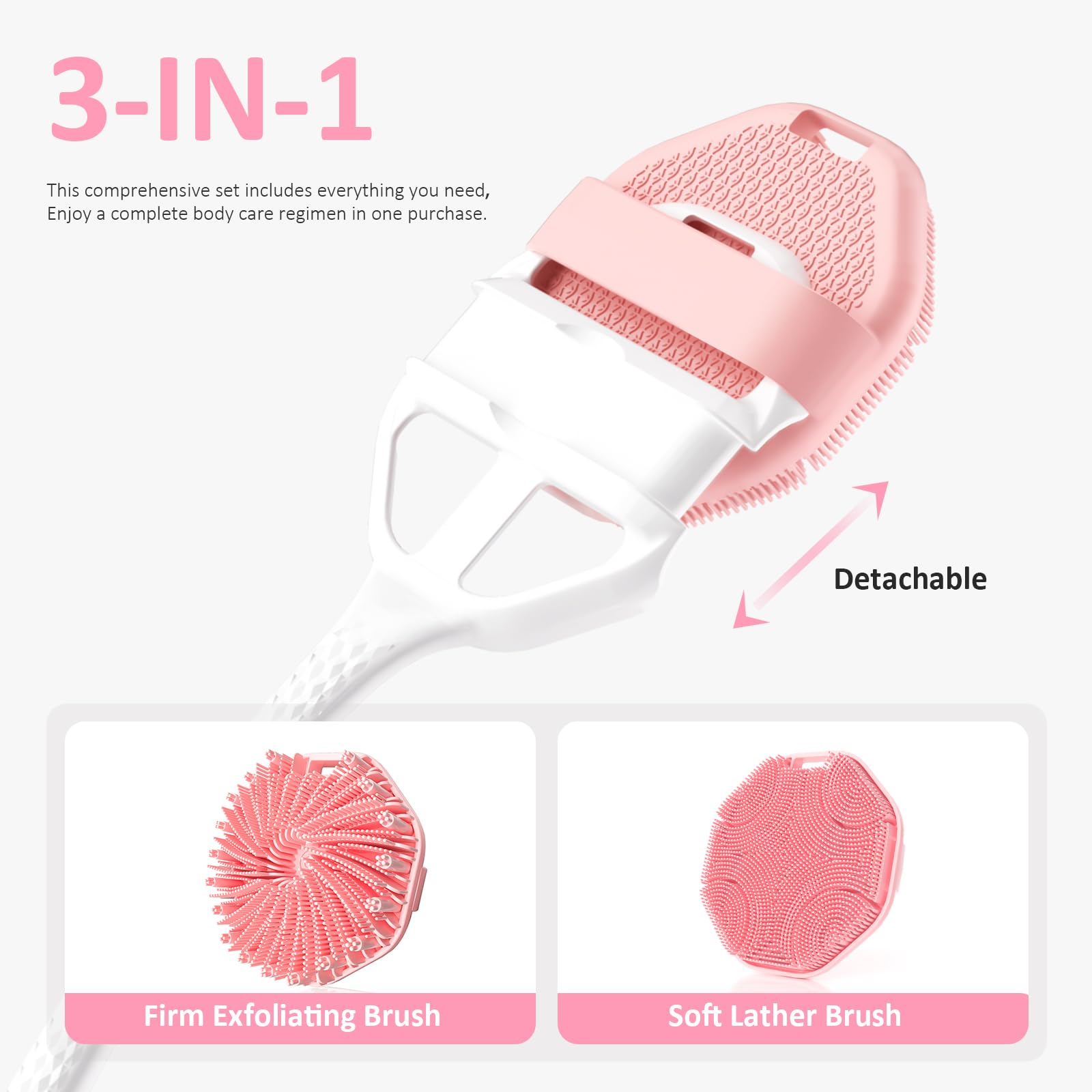 3PCS Extender Handle Set,17in Lengthen Detachable Long Handle Back Brush*1,Silicone Body Scrubber for Gentle Exfoliating and Massage Can Produce Rich Foam*2,Long Handle Back Scrubber for Men (White)