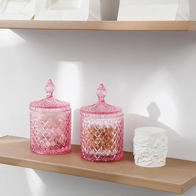 rejomiik Qtip Holder Apothecary Jars with Lid, Thick Glass, Pink