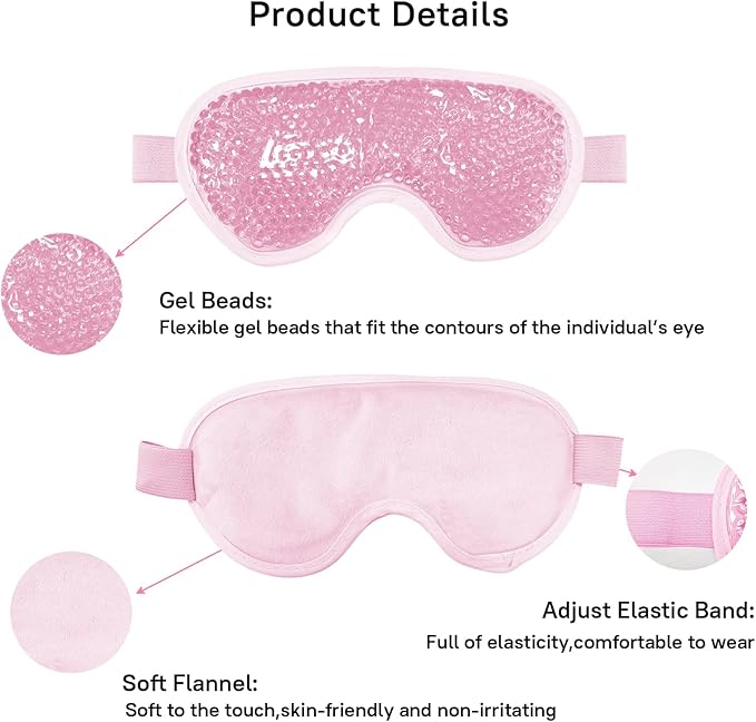 Ruzzut Cooling Gel Eye Mask, 2 PCS Reusable Eye Pad & Cool Compress for for Puffiness & Swelling, Cold Pack with Plush Backing for Migraine & Stress Relief, Pink