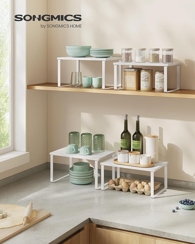 SONGMICS Cabinet Organizer Shelf, Set of 2 Kitchen Counter Shelves, Kitchen Storage, Spice Rack, Stackable, Expandable, Metal and Engineered Wood, 11.7 Inches, Cloud White and Snow White UKCS02W01