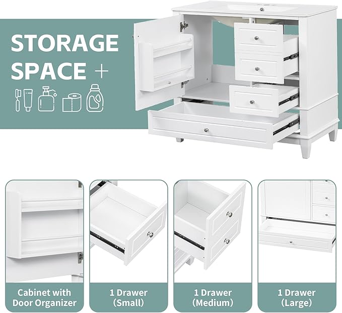 36" Bathroom Vanity with Sink, Harper & Bright Designs Free Standing Single Vanity Set with 3 Drawers and One Door with Storage Racks, Solid Wood Storage Cabinet with Ceramic Basin for Bathroom, White