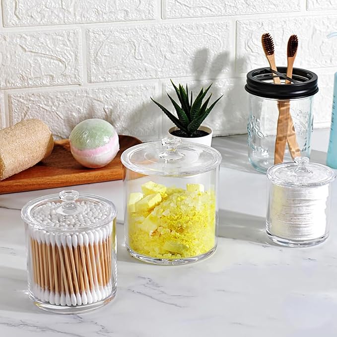 SheeChung 3 Pack Apothecary Jars with Lids,Qtip Holder Bathroom Set,Acrylic Storage Containers,Cotton Ball and Q tip Holder Set,Clear Bathroom Containers with Labels,Bathroom Organizers and Storage