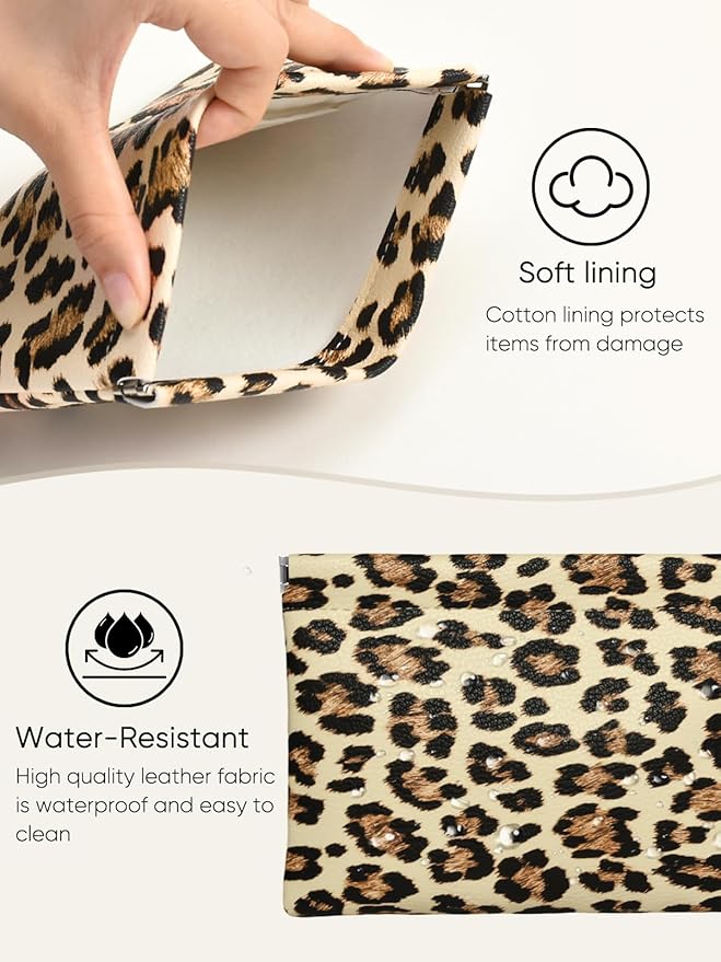 Ksriylm Leopard Leather Small Makeup Pouch for Women,Cosmetic Accessories,Waterproof and Portable Cosmetic Bag,Self-closing, No Zipper, Aesthetic Storage Pouch,Lipstick for Purse,Apricot Color