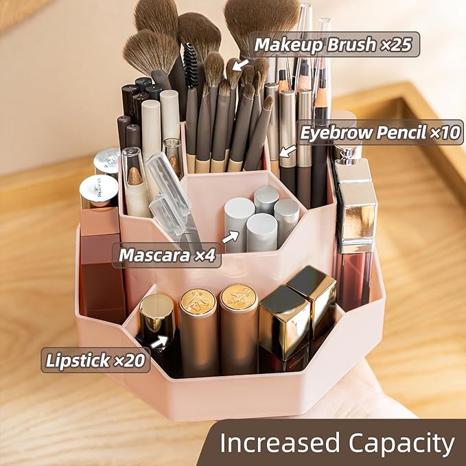 TNDCKP 360° Rotating Pink Makeup Brush Holder Organizer with 9 Slots, Makeup Organizers Countertop, Makeup organization and Skincare Storage for Vanity, Desktop, Bathroom (PINK)