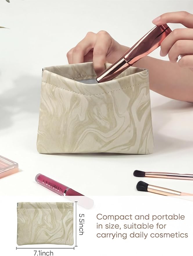 Ksriylm PU Leather Makeup Pouch Set for Women Small Make Up Bag for Purse Waterproof Initial Makeup Cosmetic Bags Pouches for Purse Aesthetic Travel Toiletry Bag,Elegant Wave Khaki
