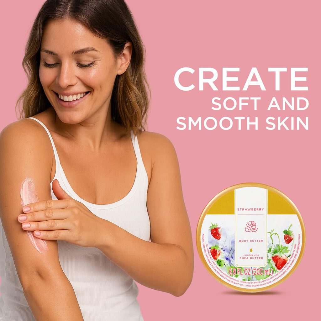 Princess Belle Strawberry Body Butter, Shea Body Butter and Body Moisturizer for Dry Skin, Mens and Womens Body Care, Deep Moisturizing and Softening-200ml(6.8 floz)