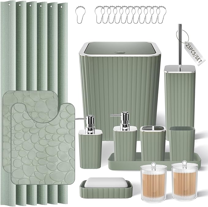 XLHOMO Bathroom Accessory Set - 25PC Green Bathroom Sets, Bathroom Set with Shower Curtain and Rugs, Dark Green Shower Curtain Set, Trash Can, Qtip Holder & Soap Dispenser