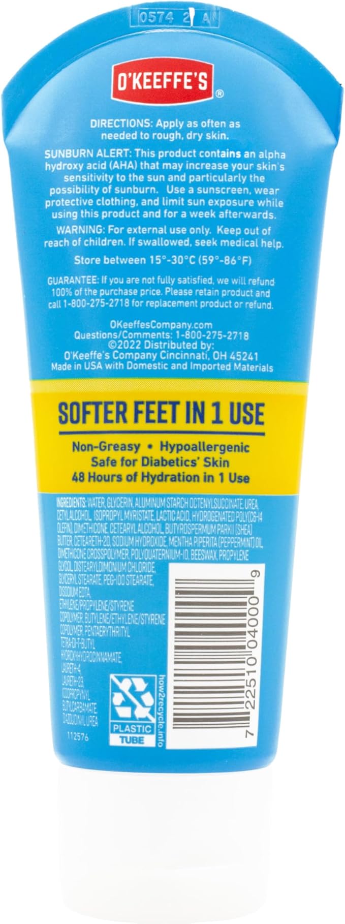 O'Keeffe's for Healthy Feet Intense Renewal Cream with Urea & Alpha Hydroxy Acid - 3 oz Tube (1 Pack) - Chemically Exfoliates and Softens Extremely Callused, Dry Feet