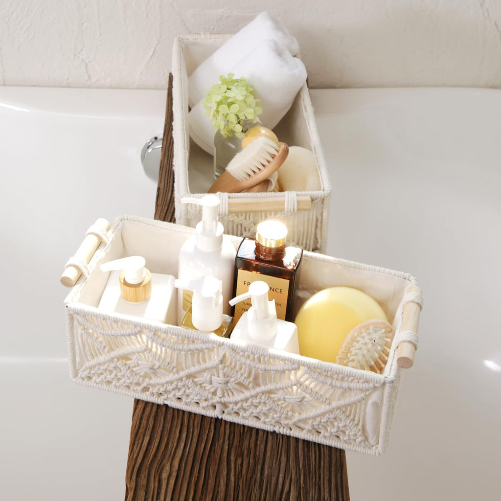 Nonam 2pc Macrame Storage Baskets, Boho Woven Boxes for Home, Weave White