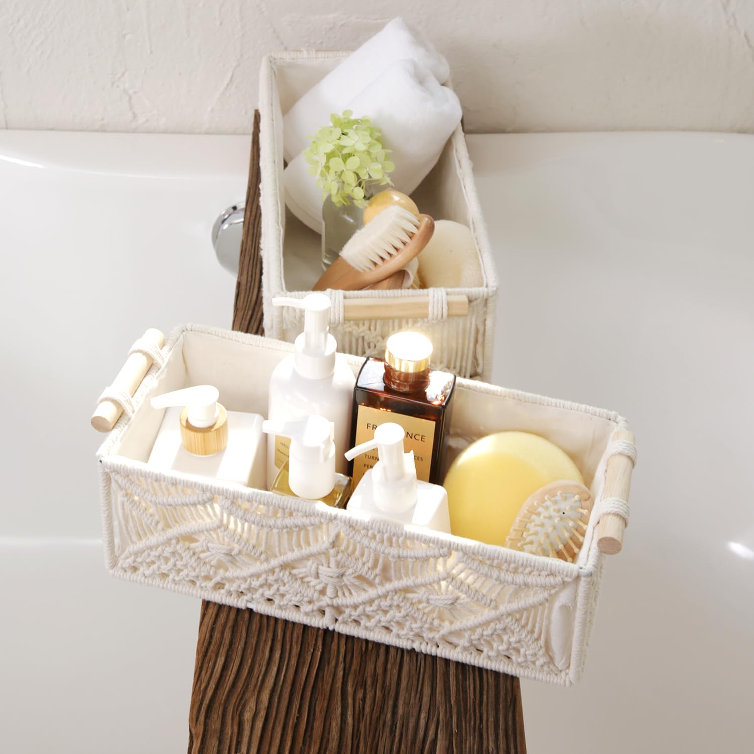 Nonam 2pc Macrame Storage Baskets, Boho Woven Boxes for Home, Weave White