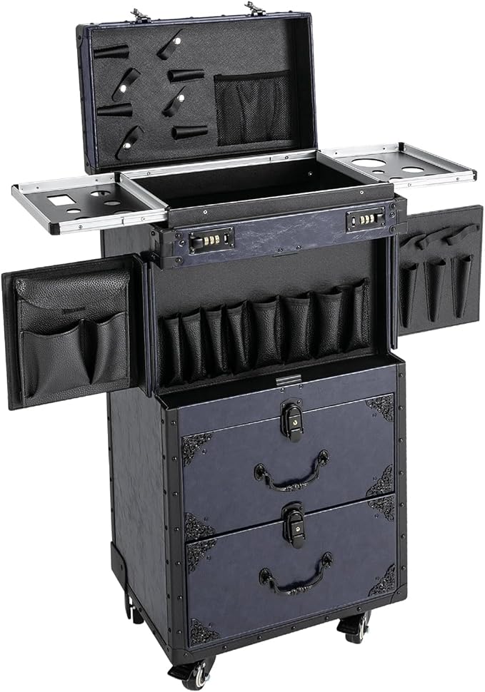 LXYIUTRW Bepritm Rolling Makeup Case, Large Retro Train Case Hairdressing Trolley with Universal Casters & Combination Lock, Travel Hair Tool Organizer for Barber, Beauty Stores, Nail Salons (Blue)