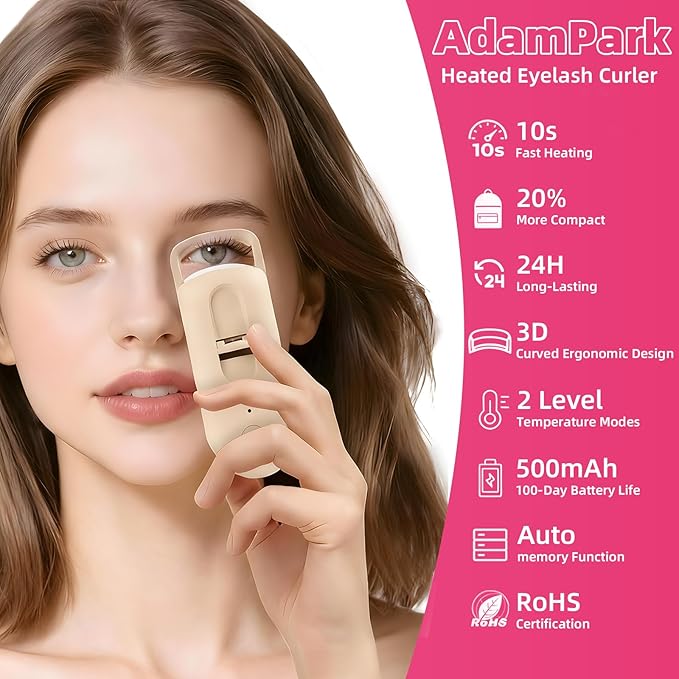 Heated Eyelash Curler, 10s Fast Heating Portable Electric Lash Curler, Type-C Rechargeable Travel Eye Lash Curlers with Anti-Scalding Silicone Pad, 2 Temp Modes & 24H Long Lasting Curves(Beige)