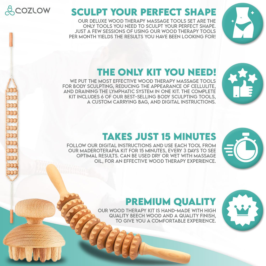 COZLOW 6-in-1 Wood Therapy Massage Tools - Professional Maderoterapia Kit for Body Sculpting, Shaping, Fascia Release & Lymphatic Drainage - Maderotherapy Helps Reduce Cellulite Appearance