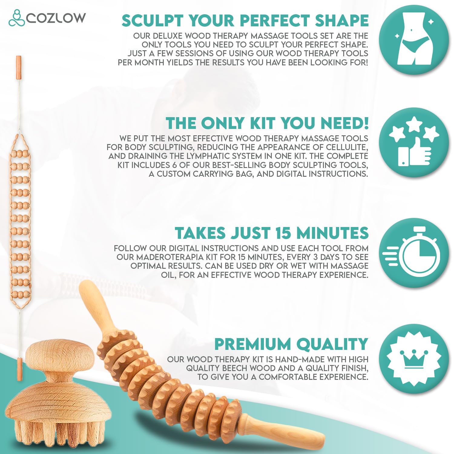 COZLOW 6-in-1 Wood Therapy Massage Tools - Professional Maderoterapia Kit for Body Sculpting, Shaping, Fascia Release & Lymphatic Drainage - Maderotherapy Helps Reduce Cellulite Appearance