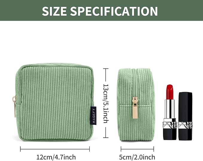 MAGEFY Small Makeup Bag Mini Cosmetics Bag Makeup Bag for Purse Corduroy Cute Cosmetic Pouch for Women with Slip-in Pockets (Green)