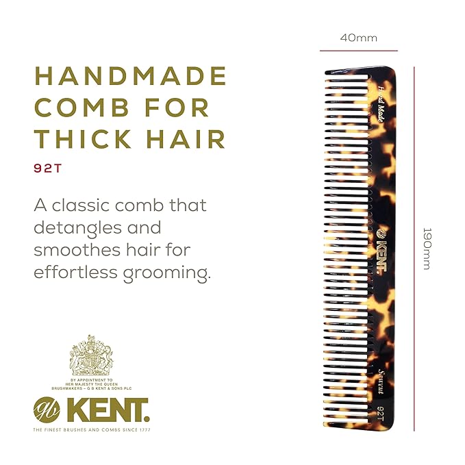 Kent 92T TY Wide Tooth Women’s Detangler Comb for Curly, Wavy, and Thick Hair – Ideal for Use on Wet Hair – Gentle, Shower Comb for – Anti-Static, Smooth - Styling Tool by Kent