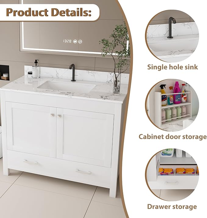Montary 42" Bathroom Vanity with 43" Artificial Marble Carrara White Top, Modern Stylish MDF Bathroom Storage Cabinet, Vanity Set with 2 Doors and One Large Divided Drawer, White (Single Hole)