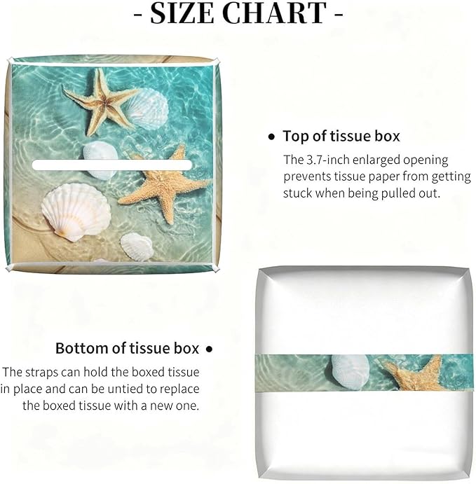 Sea Shell Tissue Box Cover Leather Tissue Box Holder Square Facial Paper Organizer Dispenser for Bathroom Kitchen Bedroom Vanity Countertop Night Stands