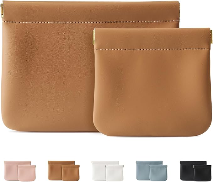 MEIBOOCH 2 Pack Small Makeup Bag for Women, New Organosilicon Super Fiber PU Leather Mini Cosmetic Bag for Travel, Coin Purse Organizer Storage Pouch (Brown)