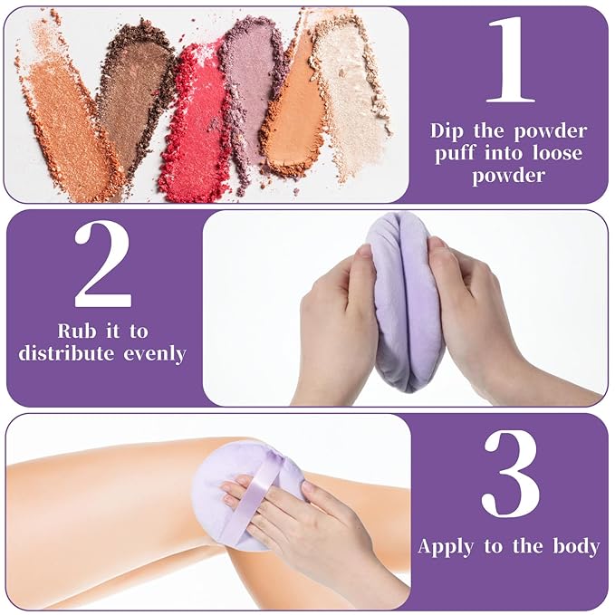 3 Pcs Large Body Powder, 5 Inch Soft Velour Dusting Powder, Washable Reusable for Face Cleaning, Makeup & Loose, Bath Powders, Foundation Blending