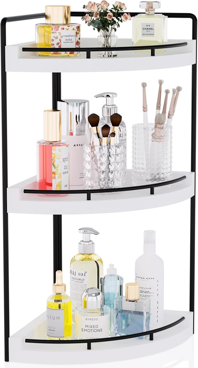 CeleVista Corner Bathroom Counter Organizer, 3 Tier Bathroom Sink Shelf Countertop, Wood Vanity Skincare Storage for Toiletries Decor, Makeup, Dresser (White)