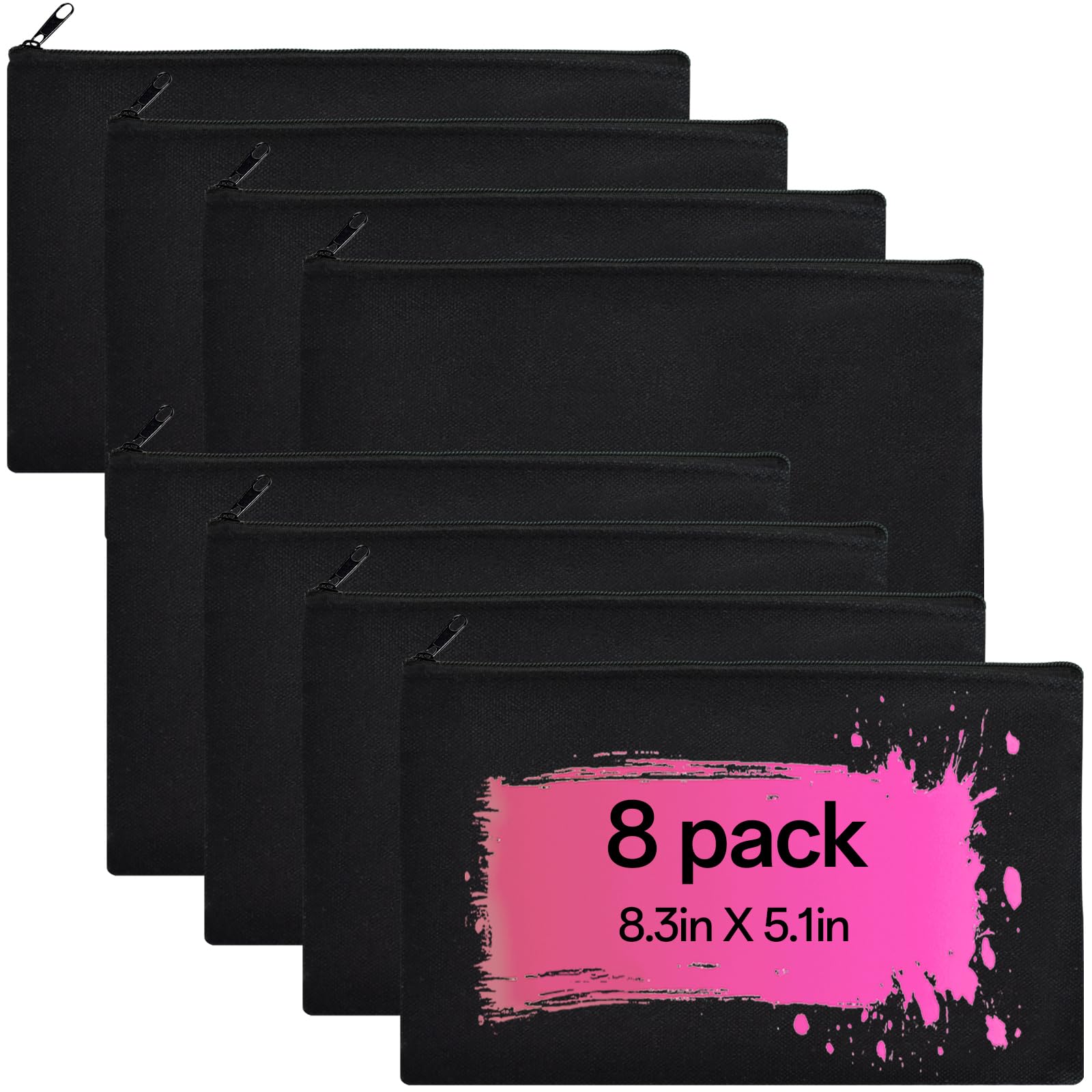 ZeeDix 8 Pack 8.3 x 5 inches Blank DIY Craft Bag - Black Canvas Zipper Pouch Bags Multipurpose Cosmetic Bag Makeup Pouch with Zipper, Travel Toiletry Bag for Storage