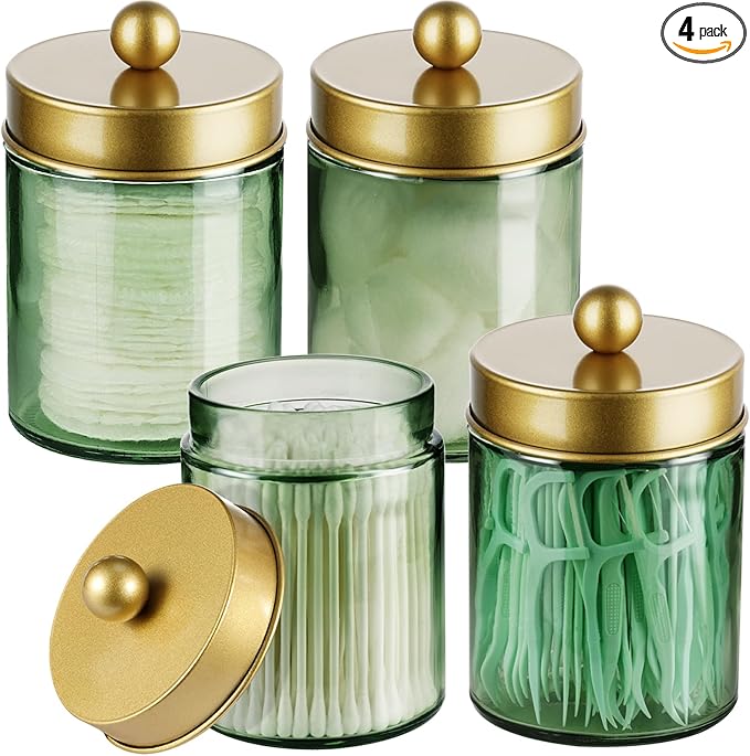 Amolliar Green Glass Apothecary Jar, Qtip Holder Bathroom Decor Gold 4 Pack