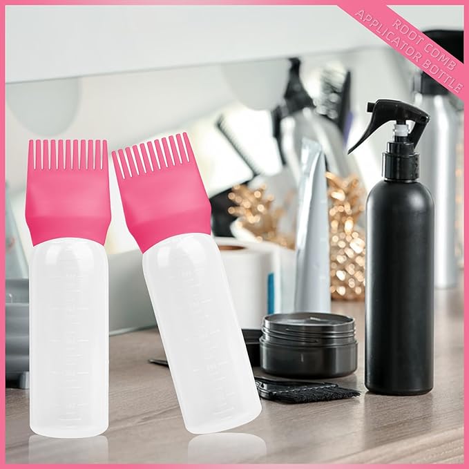 BLAAROOM Root Comb Applicator Bottle 6 Ounce, 4 Pack Hair Oil Applicator Bottle, Hair Dye Bottle Applicator Tools with Hair Oil Dispenser Root Comb Brush for Hair Oiling Applicator - Dark Pink
