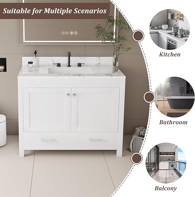 Montary 42" Bathroom Vanity with 43" Artificial Marble Carrara White Top, Modern Stylish MDF Bathroom Storage Cabinet, Vanity Set with 2 Doors and One Large Divided Drawer, White (Three Holes)