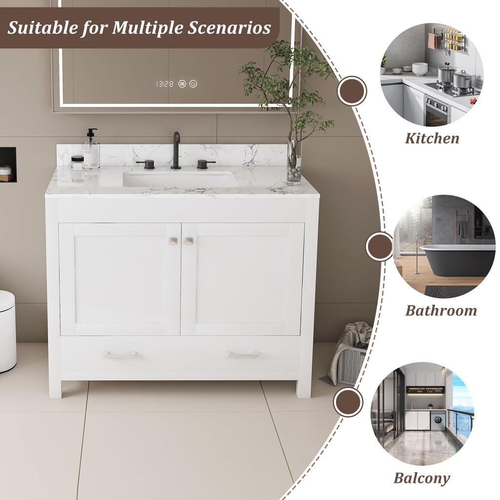 Montary 42" Bathroom Vanity with 43" Artificial Marble Carrara White Top, Modern Stylish MDF Bathroom Storage Cabinet, Vanity Set with 2 Doors and One Large Divided Drawer, White (Three Holes)
